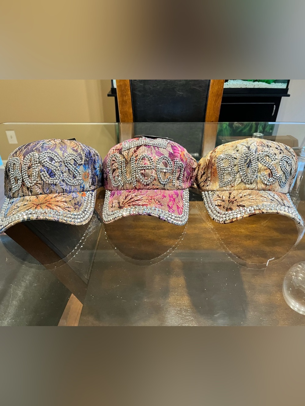 Embellished Rhinestone Baseball Cap - Floral Pattern